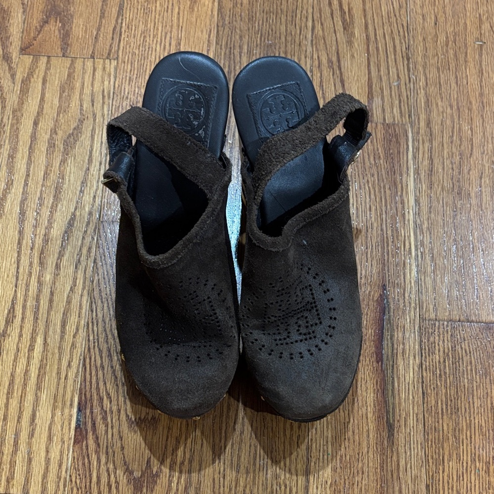 Tory Burch sling back high heel clogs brown 8